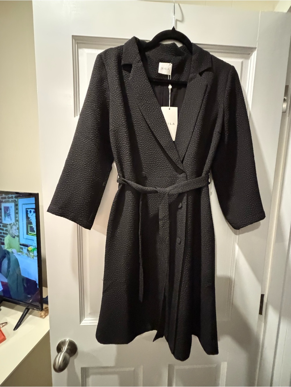 VILA Black Textured Belted Wrap Dress Coat